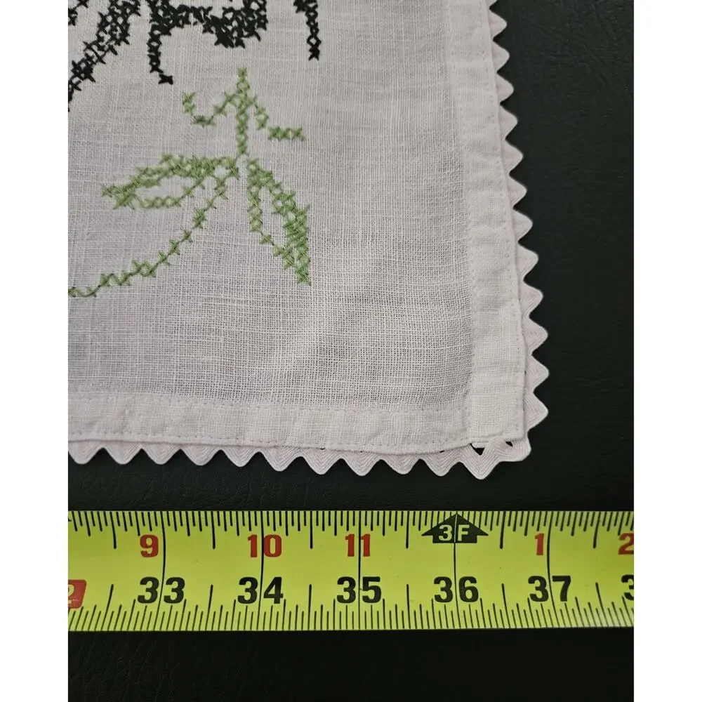 Hand Cross-Stitched Dresser Scarf Table Runner Black/pink flowers 37” by 15”
